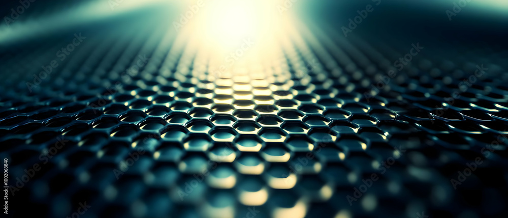 Poster close-up view of a textured metallic surface with a hexagonal pattern, illuminated by soft light, cr