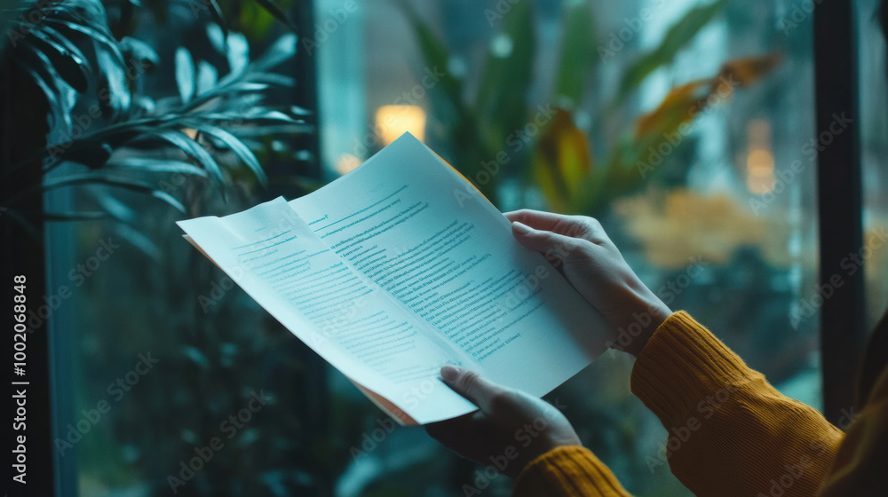 Poster person is flipping through business report page while surrounded by greenery, creating calm and focu