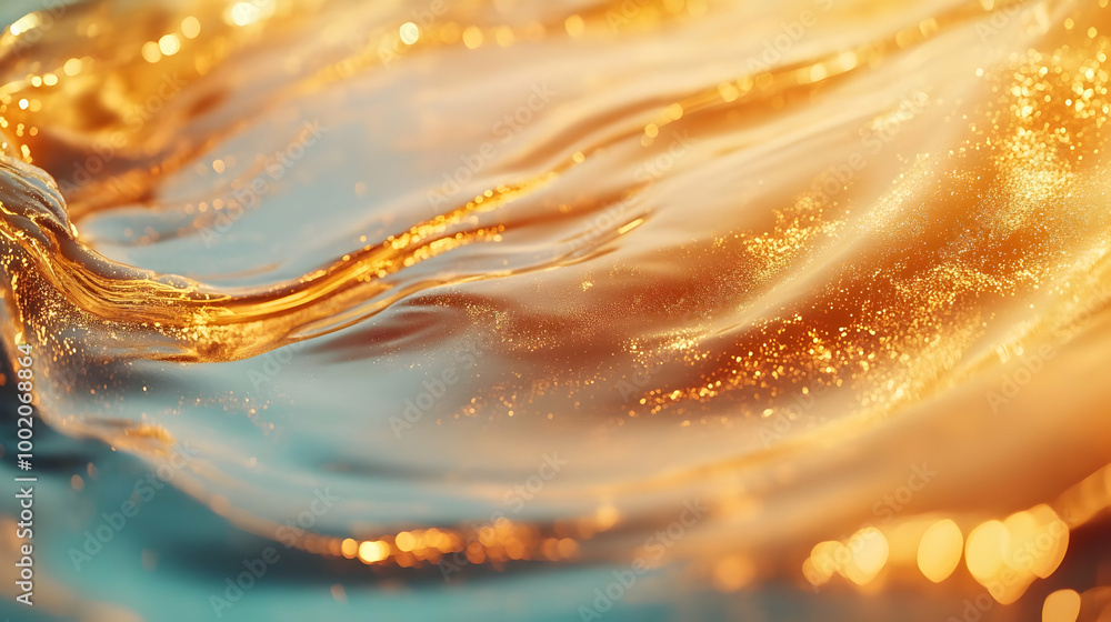 Poster flowing water with golden sparkles, creating a mesmerizing and tranquil scene.