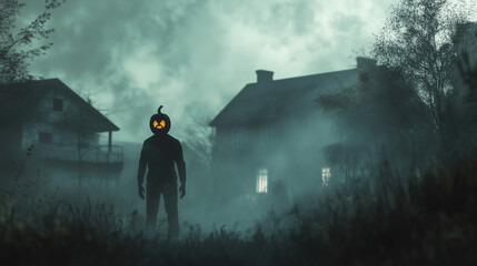 Mężczyzna z przerażającą głową dyni pojawia się w otoczeniu mrocznych domów, owianych tajemniczą, białą mgłą.