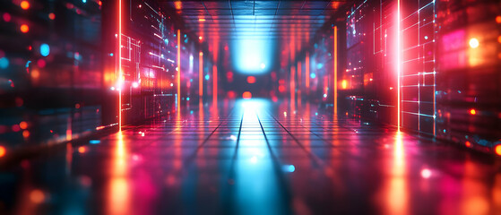 Fototapeta premium Futuristic corridor with vibrant, glowing lights and reflections on the floor, creating a mesmerizing ambiance.