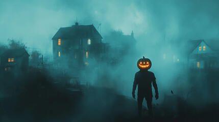 Mężczyzna z przerażającą głową dyni pojawia się w otoczeniu mrocznych domów, owianych tajemniczą, białą mgłą.