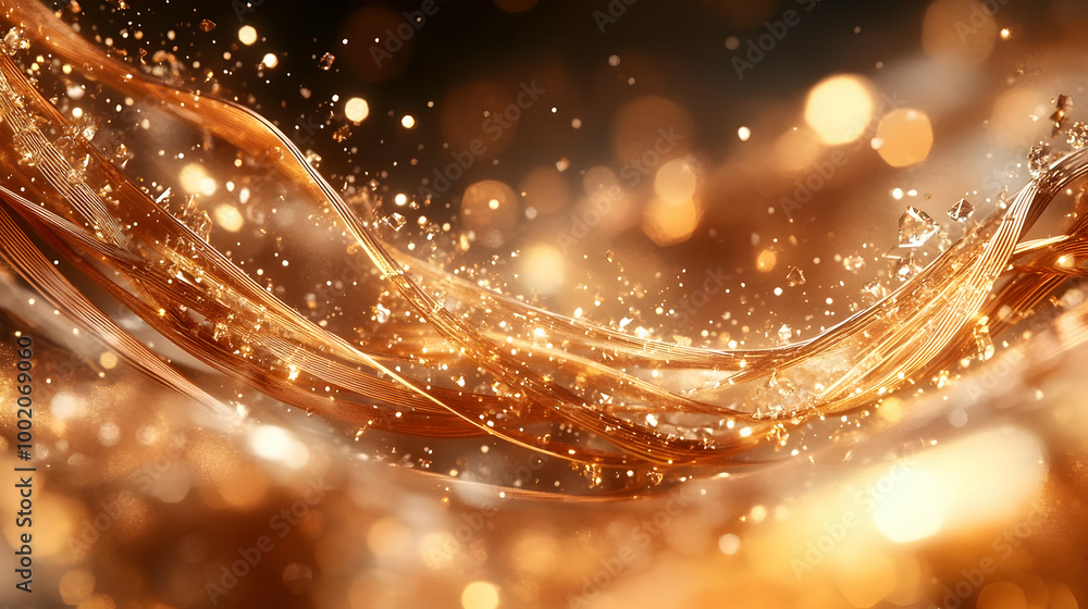 Poster abstract golden waves with shimmering particles creating a luxurious and elegant background.