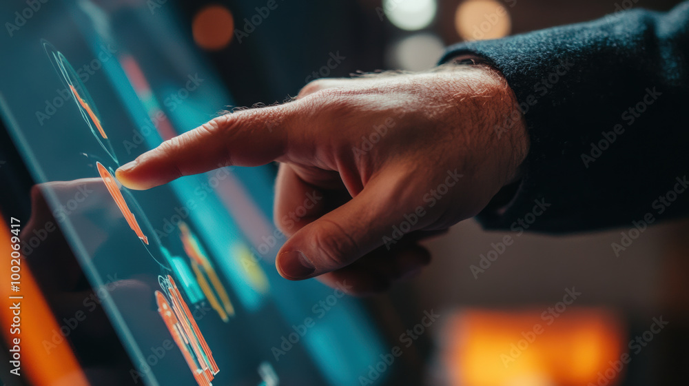 Poster hand pointing at strategic business roadmap on digital screen, showcasing interactive data visualiza