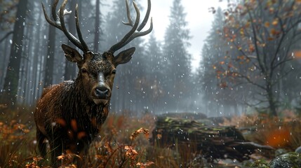 Majestic Deer in a Foggy Forest