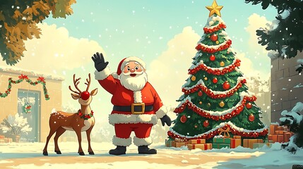 Santa Claus waving in front of a festive garland-covered Christmas tree, with a red-nosed reindeer by his side, snowflakes falling softly, cute cartoon style, bright holiday colors,