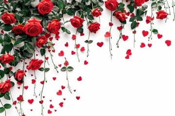 Elegant red roses and heart-shaped decorations on a white textured background for a romantic Valentine's Day theme