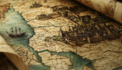 Fototapeta premium Antique maps of old cities or unexplored territories, with faded colors and intricate details, giving a historic and adventurous vibe.