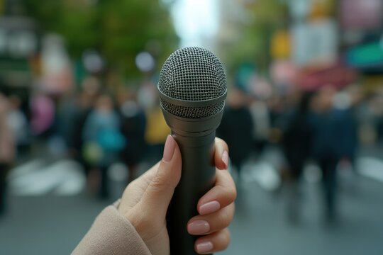 close up of a woman journalist holding a microphone for a street interview