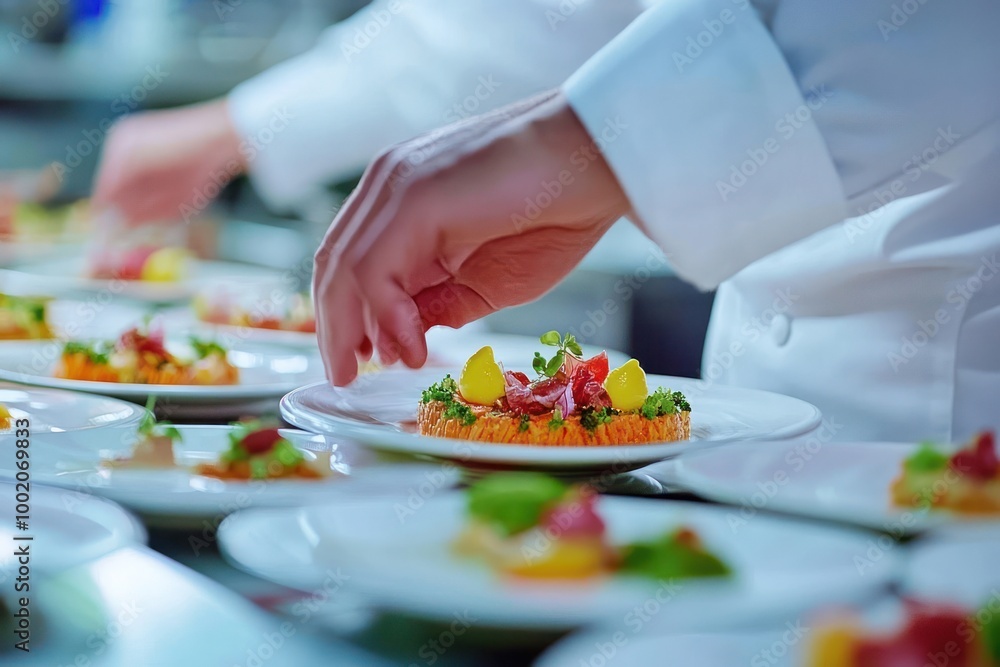 Wall mural a chef carefully places a gourmet appetizer onto a white plate in a professional kitchen.