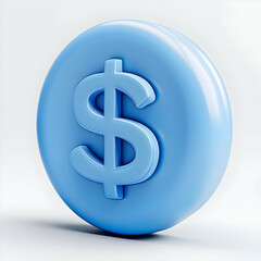 Blue dollar sign coin, 3D render, isolated on white background.