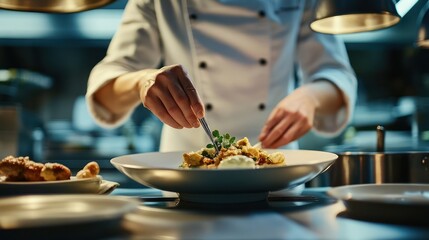 A chef carefully places fresh herbs on top of a plated dish in a professional kitchen.
