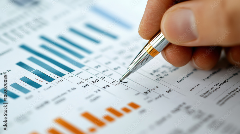 Poster analyzing data with pen, consultant focuses on graphs and statistics, highlighting important figures