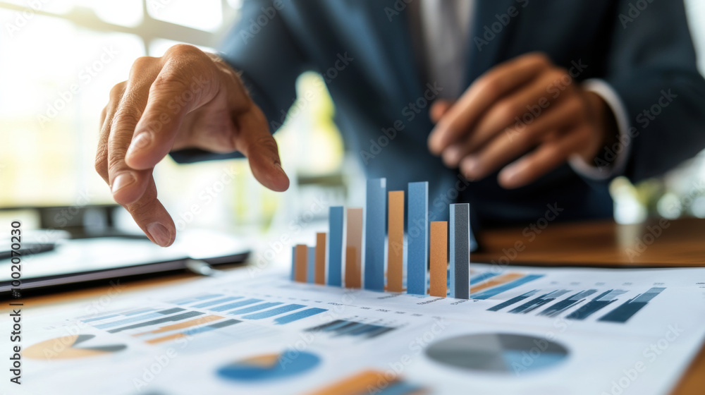 Aufkleber consultants hand gestures toward various charts and graphs, illustrating data analysis and business 
