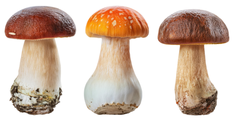 Three Fresh Boletus Edulis Mushrooms Isolated on Transparent Background.