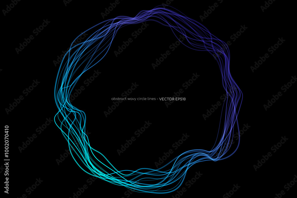 Poster Abstract vector wavy dynamic blue light lines circle swirl round frame isolated on black background in concept technology, neural network, neurology, science, music.