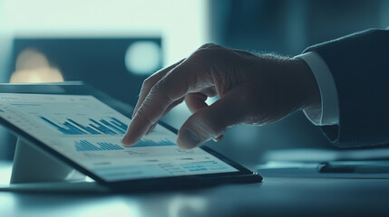 Obraz premium consultants hand interacts with tablet displaying data analytics, showcasing graphs and charts in professional setting. focus is on technology and business insights