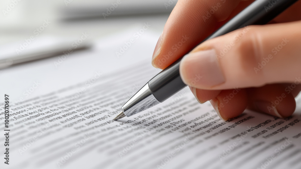 Poster close up of hand holding pen, highlighting sections of printed text on document. focus on pen and te