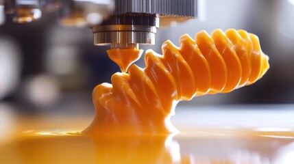 A close-up of a 3D printer nozzle extruding orange plastic filament, creating a spiral shape.