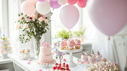 Birthday table decoration with sweets, flowers, candles and pink balloons.