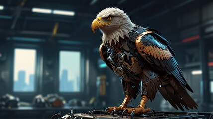 A robotic eagle stands in a futuristic workshop, its metallic body reflecting the city lights.