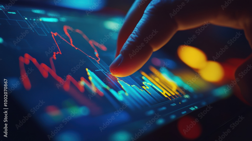 Aufkleber close up of hand tapping on tablet screen displaying colorful financial graphs and data analysis. vi