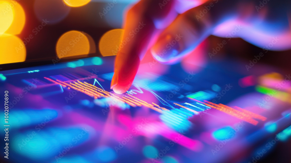 Poster close up of hand tapping on tablet screen displaying colorful data visualizations, showcasing technology and analytics in vibrant setting