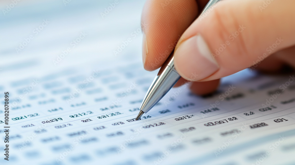 Aufkleber close up of hand holding pen, meticulously entering financial figures into document filled with numb