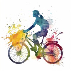 A watercolor painting shows a cyclist biking, highlighted by dynamic and lively splashes of color on a white background.