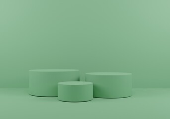 Minimalist Three Green Cylindrical Podiums Arranged for Product Display Showcase