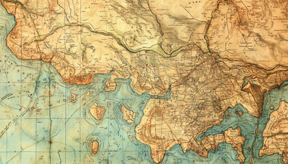Fototapeta premium Antique maps of old cities or unexplored territories, with faded colors and intricate details, giving a historic and adventurous vibe.