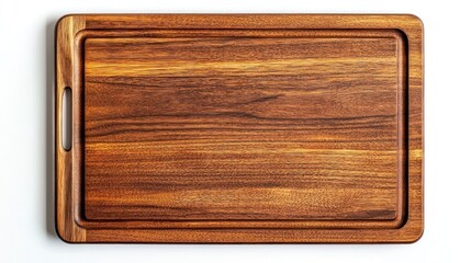 A close-up of a rectangular, wooden cutting board with a handle on the left side. The board is made of dark wood with a rich grain pattern.