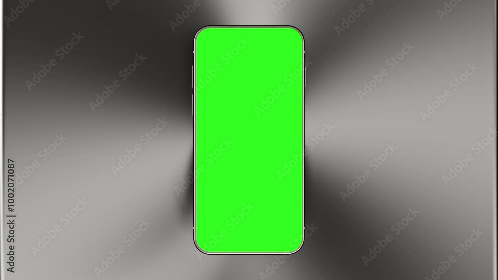 Poster metallic phone mock-up animation. green screen with bright light and contrast shadow background. 3d 