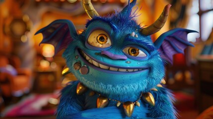 Obraz premium cheerful 3D ugly monster, with its bright eyes and textured, colorful body, is situated in a bedroom and for use in children's animated series, storybooks, and educational apps.