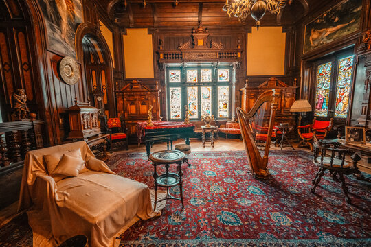 Historical royal room in Peles Castle. The Peles castle in the town of Sinaia, Transylvania, Carpathian Mountains, Romania