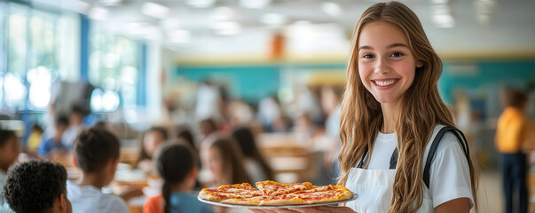 cheerful lunch lady serving pizza to students in vibrant school cafeteria. atmosphere is lively and welcoming, with happy children enjoying their meals