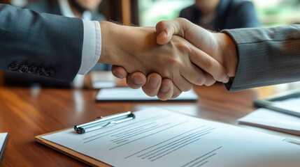 Close up of hands exchanging handshake over signed contract, symbolizing agreement and partnership in professional setting. atmosphere conveys trust and collaboration