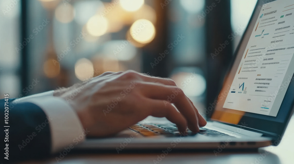 Poster close up of hand typing on laptop keyboard, showcasing professional setting with blurred background 