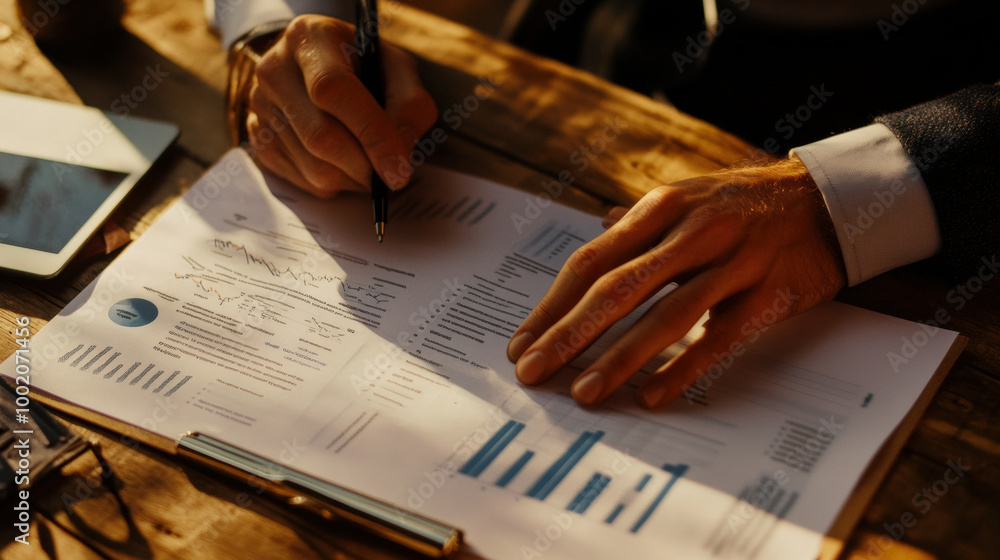 Poster close up of hands writing on business proposal document, showcasing detailed graphs and data analysi