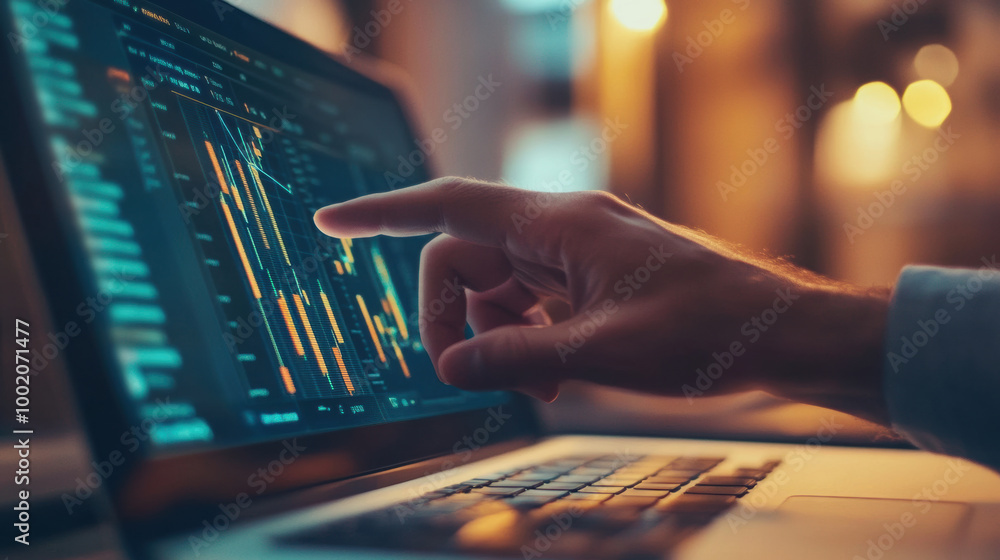 Poster close up of hand pointing at laptop screen displaying financial data and graphs, illustrating analys