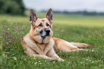 A serene dog resting in a grassy field, surrounded by flowers and nature, exuding calm and tranquility.