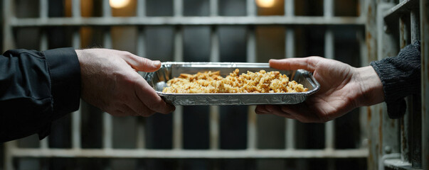 Prison guard handing food to prisoner in jail cell, showcasing moment of interaction. scene captures stark reality of prison life and exchange of meals