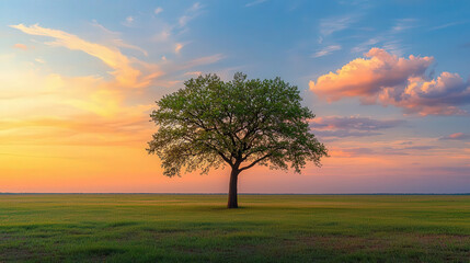 Fototapeta premium solitary tree stands majestically in open field, bathed in warm glow of sunset. vibrant sky, filled with soft clouds, enhances serene beauty of this tranquil landscape