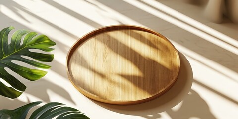 Round Wooden Table Mockup on Beige Background
