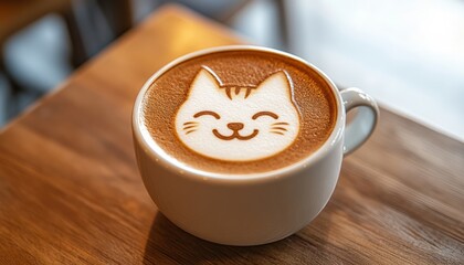 Cute cat latte art on a frothy cup of coffee, perfect for a cozy cafe moment.