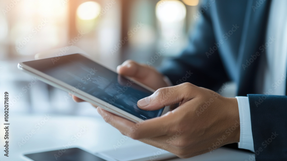 Poster engaged hands tapping on tablet screen, showcasing modern technology in professional setting. focus 