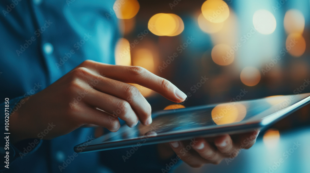 Poster close up of hands tapping on tablet screen, showcasing modern technology and interaction. warm bokeh