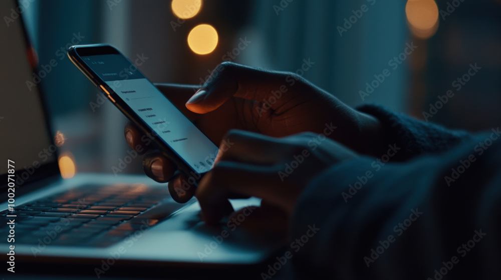 Poster close up of hands typing on smartphone during cozy evening, illuminated by soft bokeh lights. scene 