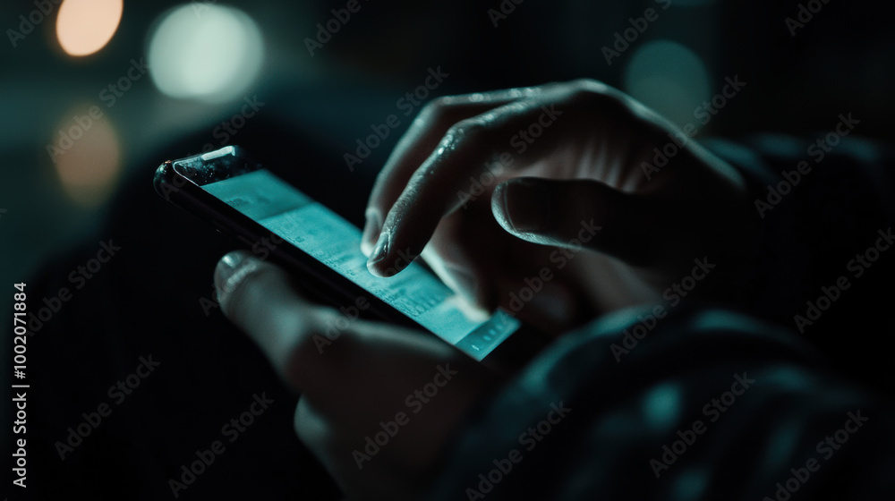 Poster close up of hands typing on smartphone in low light, showcasing interaction with technology and focu