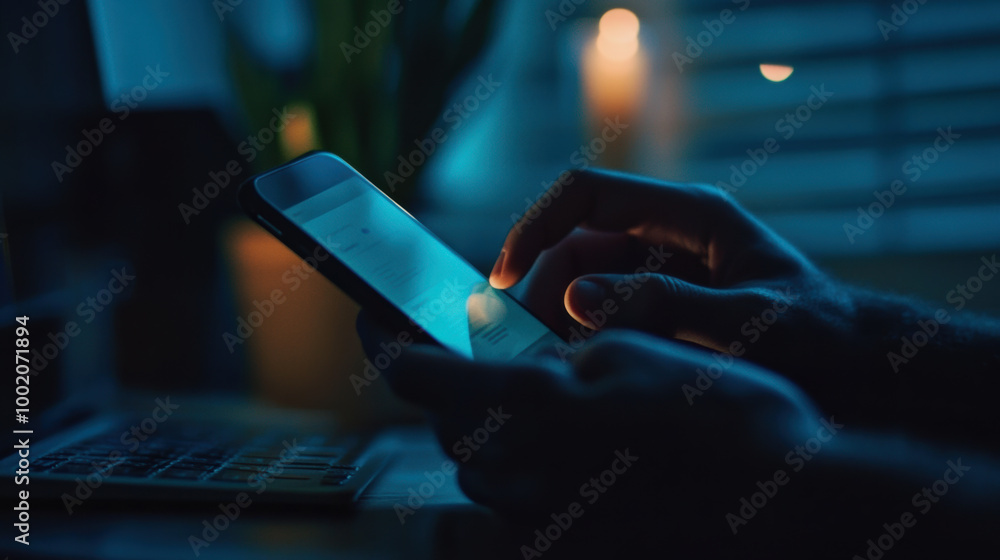 Aufkleber close up of hands typing on smartphone in dimly lit environment, creating cozy and focused atmospher